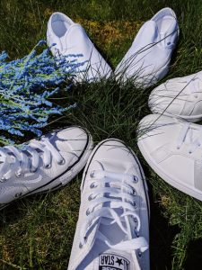 white converse, white vans, white adidas, grass, spring
